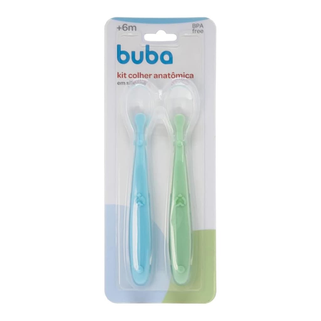 Kit 2 Colheres Silicone Buba Alimentação Bebê  Azul/Verde