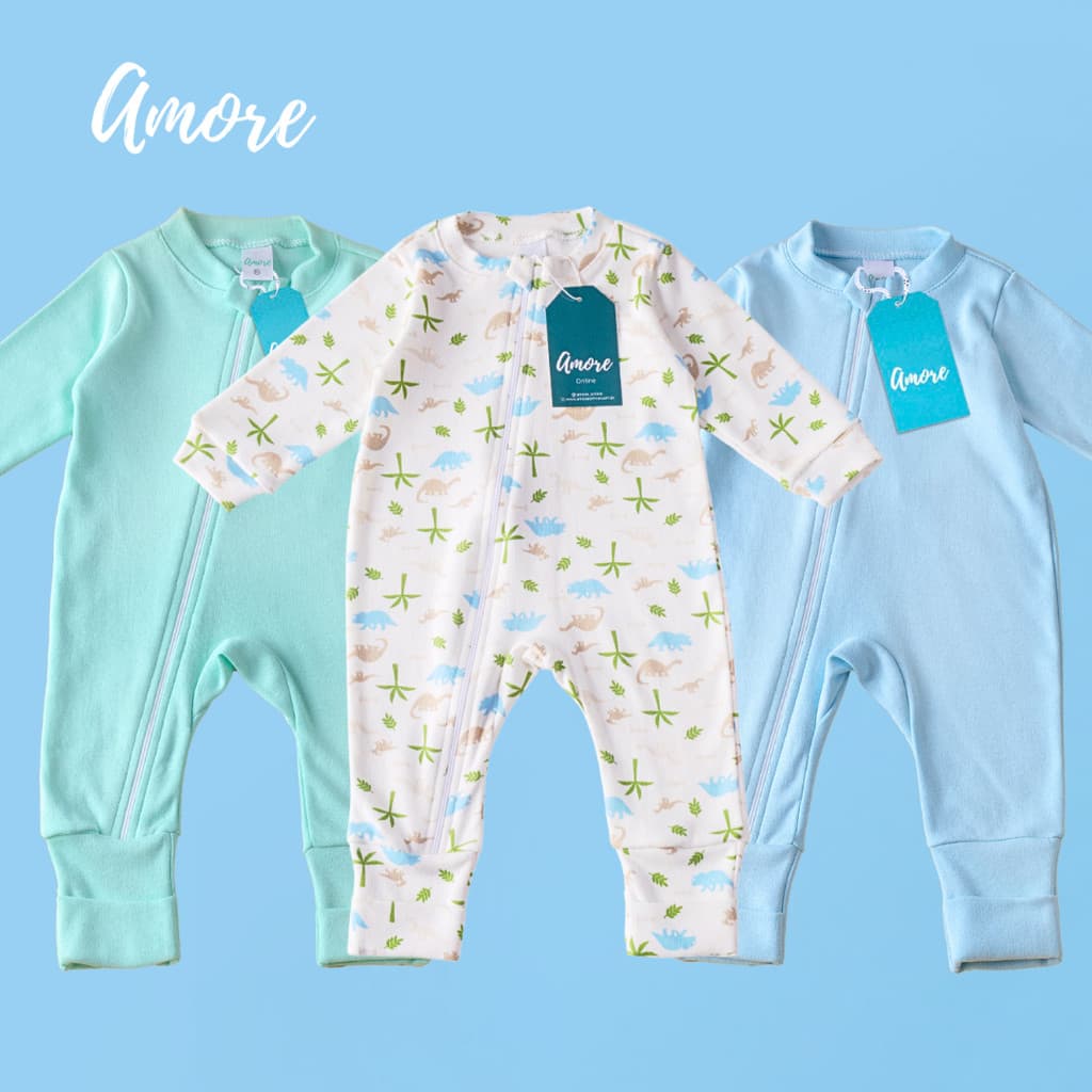 Kit 3 Macacão Bebê Amore Vira Pé Dino Com Ziper 100% Algodão