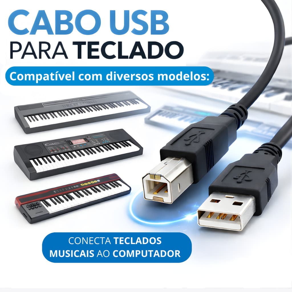 Cabo USB para Teclado Musical MIDI USB A para B 1,5 m - Controlador MIDI, Alta Qualidade Resistente