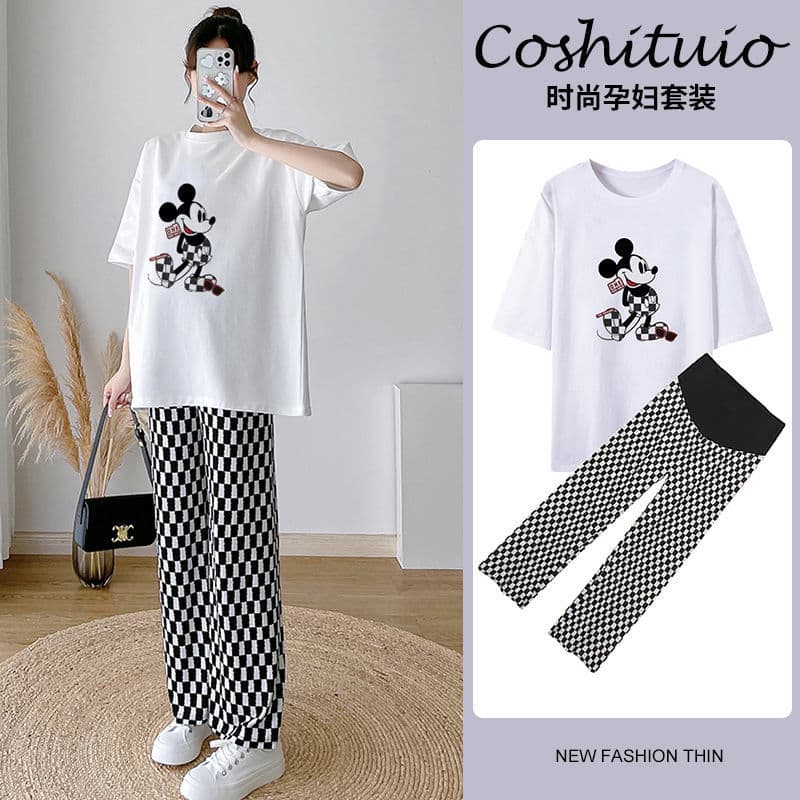 Maternidade roupas de verão bf bens europeus terno tornozelo comprimento xadrez calças de perna larga puro algodão manga