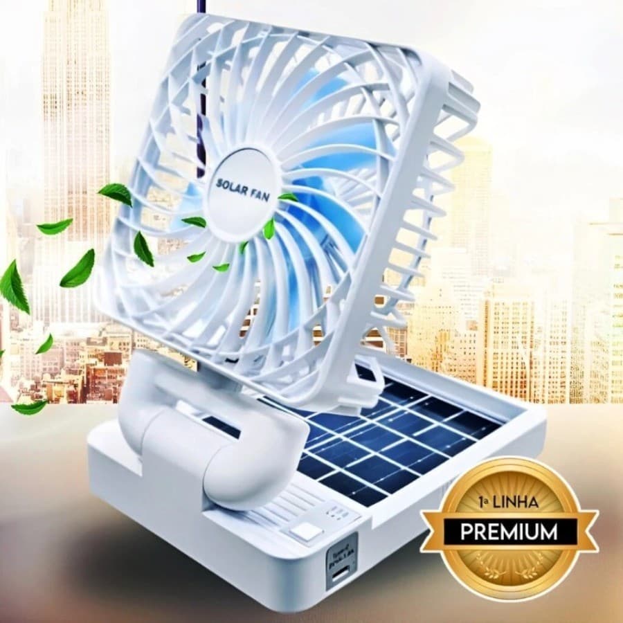 Ventilador Portátil Solar e USB Recarregável Dobrável 3 Velocidades Para Carro Camping
