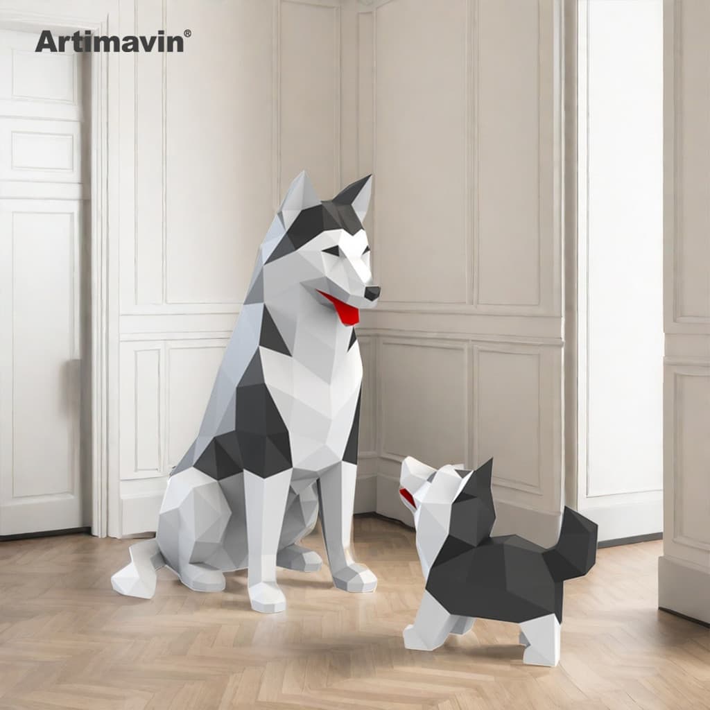 MOMO Modelo de papel tridimensional Husky Modelo de papel mãe-filho Arte em papel 3D Enfeites de Origami Quebra-cabeça d