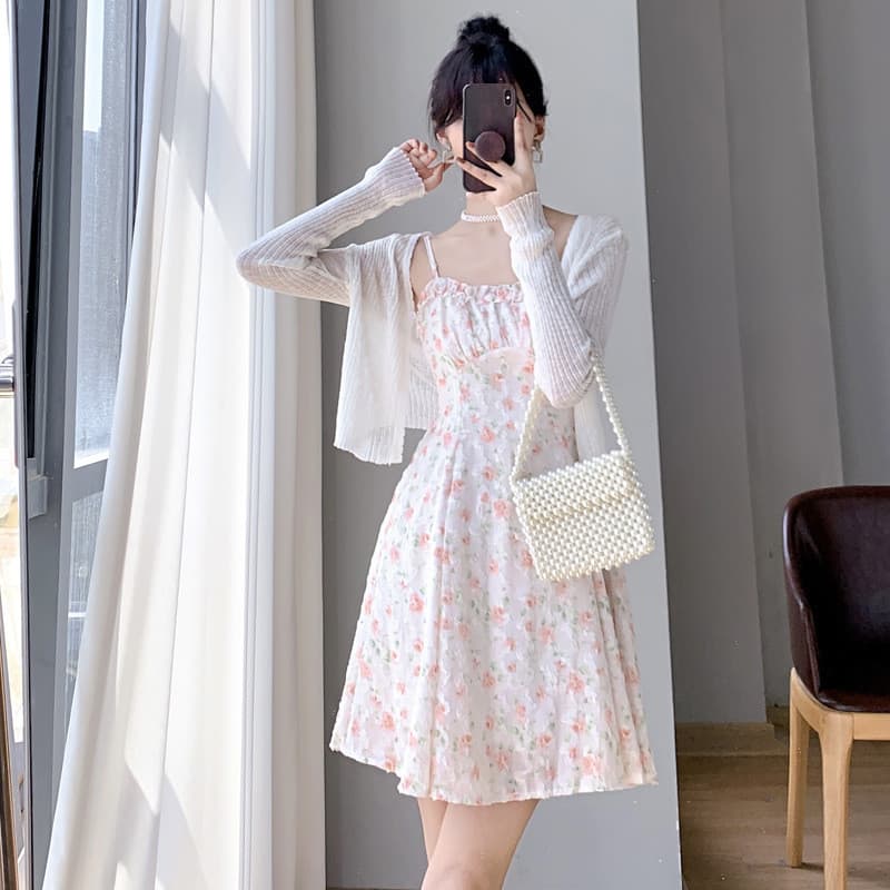 Vestido estilingue feminino verão exterior usar vestido pequeno chá Break francês Floral estilingue vestido de duas peça