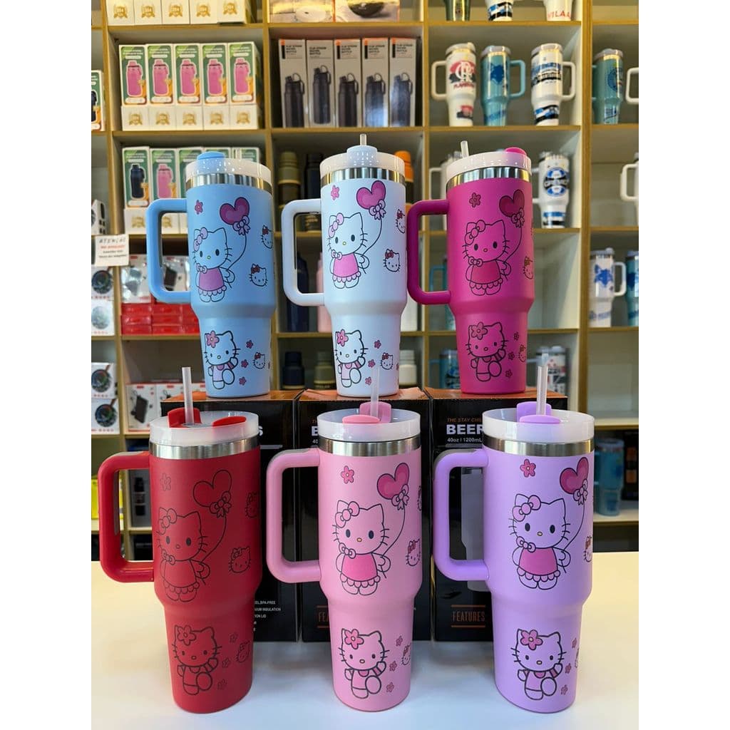 Copo Garrafa Térmico Hello--Kitt--Premium com Alça e Canudo 1200ml