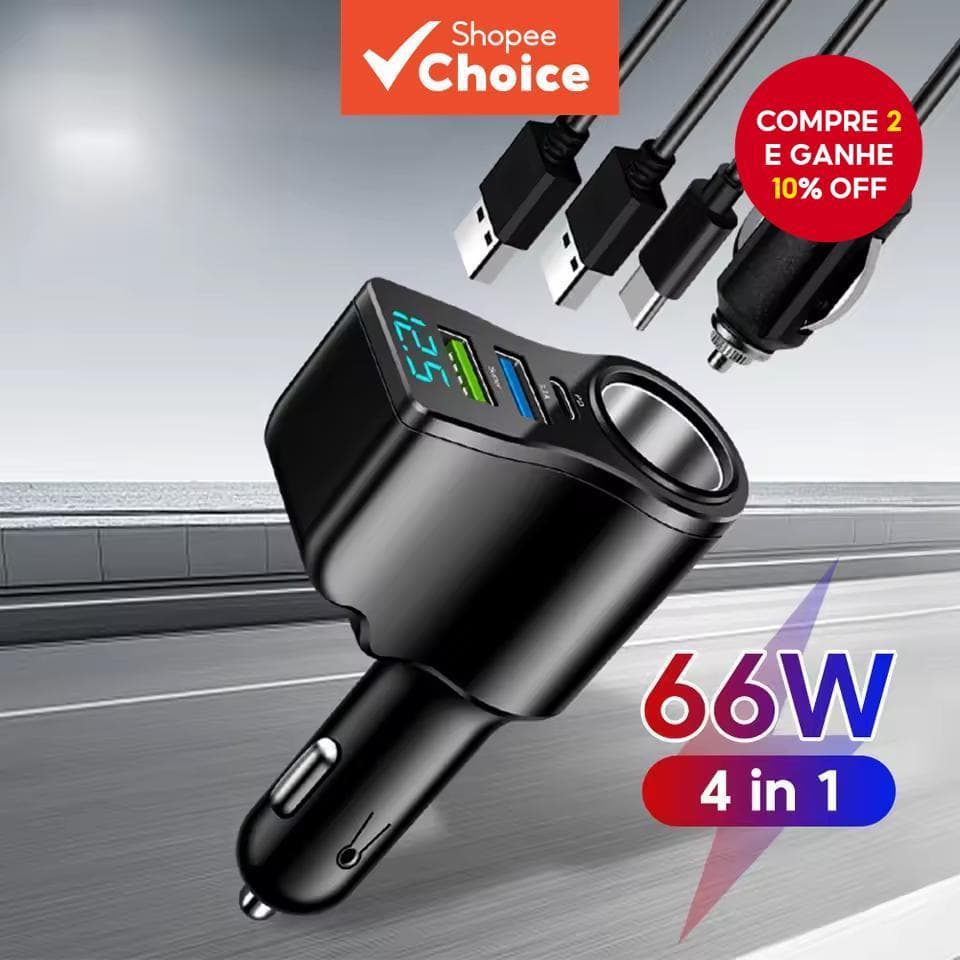  66W 4 Portas multifuncionais Adaptador de Energia para Isqueiro de Carro 3.1A Duplo USB PD Carregador Rápido de Carro