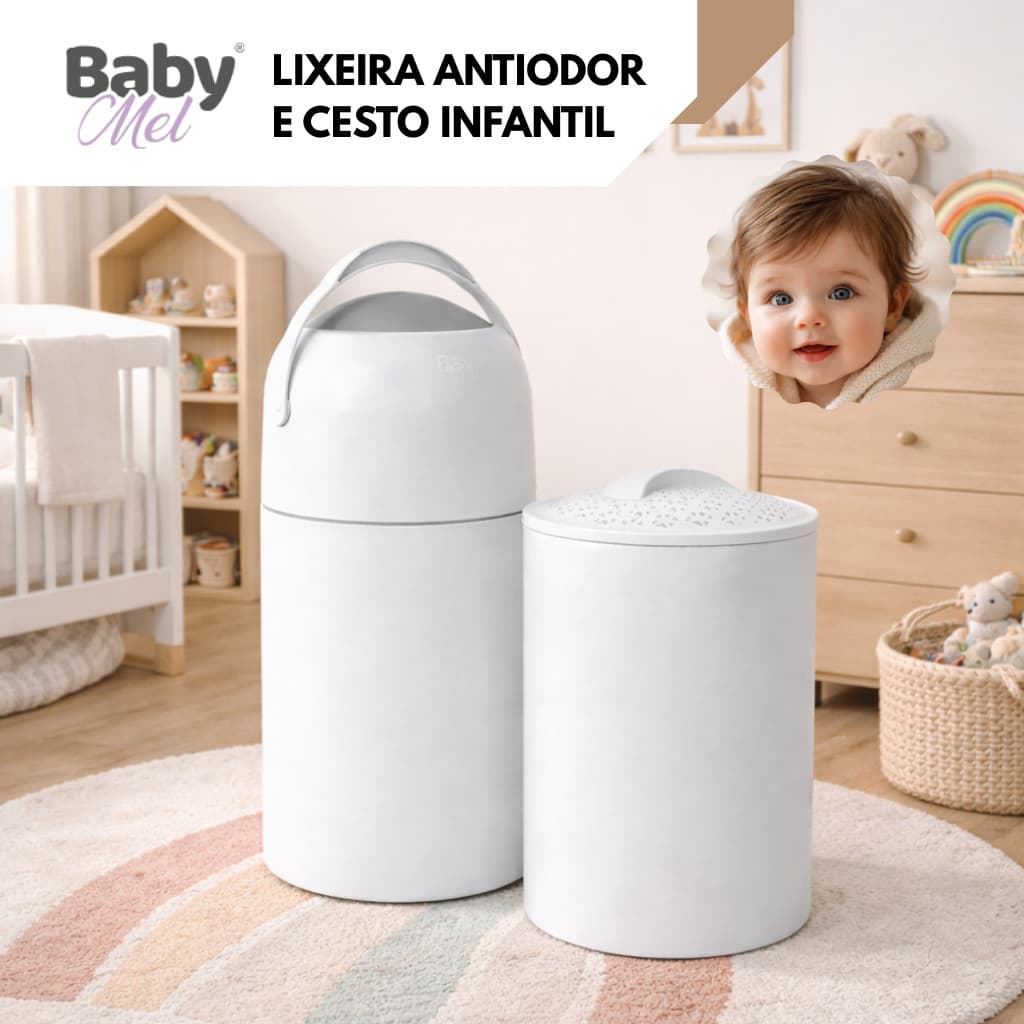 Lixeira Antiodor e Cesto Baby Mel para Quarto de Bebê, Banheiro, Fraldas, Consultório, Cozinha