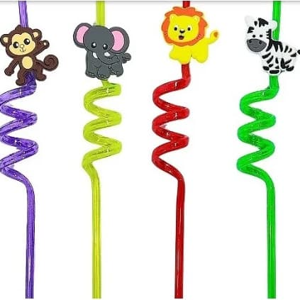 Canudo Espiral Tema Safari Frutas e Dinossauro para Decoração de Festa Infantil 4 unidades