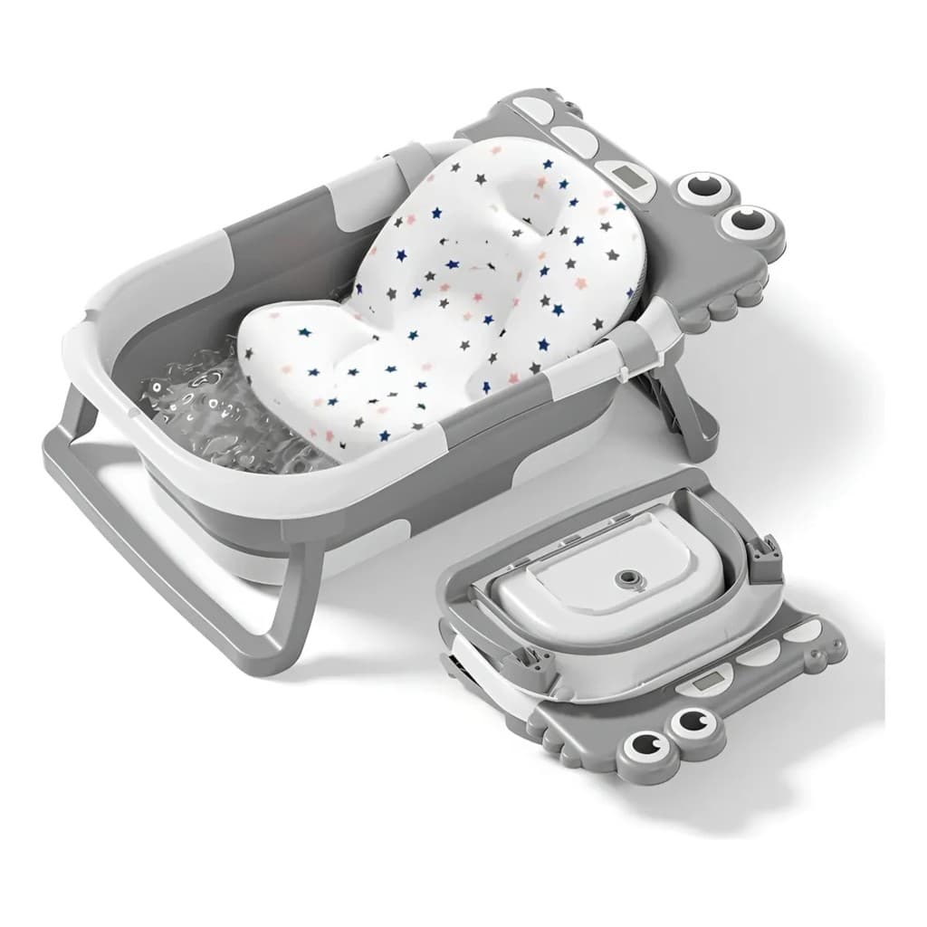 Banheira Bebê Jacaré Dobrável Portátil Com Termômetro Compacta Segura Divertida Temática Infantil