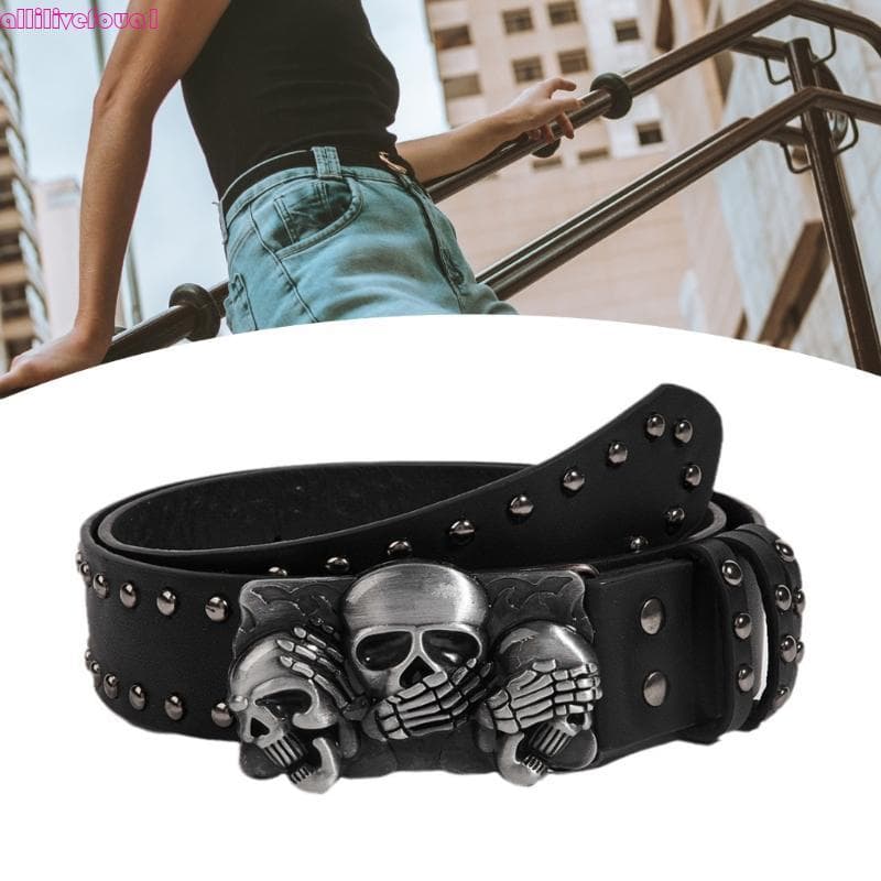 allilivefoua1 Cinto Caveira Fivela Legal Punk Cravejado Cowboy Grunge Largo