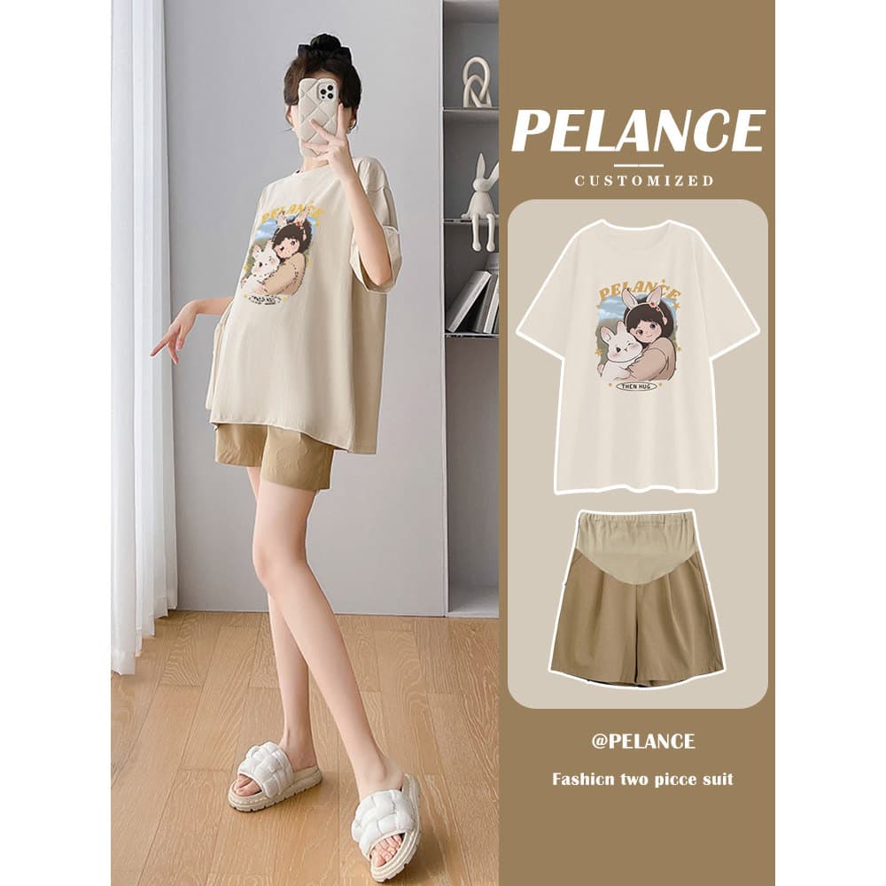 Mulheres grávidas 2025 novo estilo terno de manga curta impresso camiseta em torno do pescoço não olhando Casual solto m