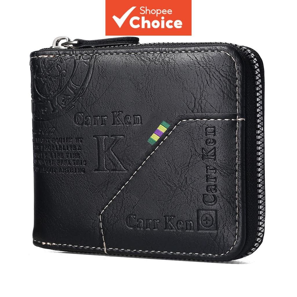CarrKen Carteira Curta Masculina Com Zíper E Letras Em Relevo , Porta-Cartões , Presente De Couro Da Moda Para Ele , Bol