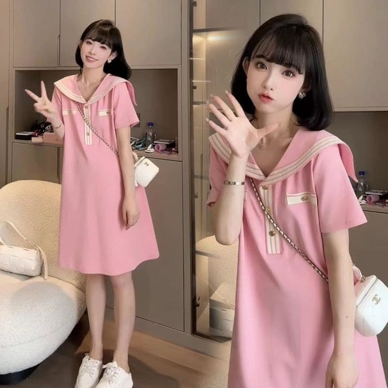 2024 vestido de maternidade moda manga curta fino rosa gola marinha pequena saia de malha de seda gelo