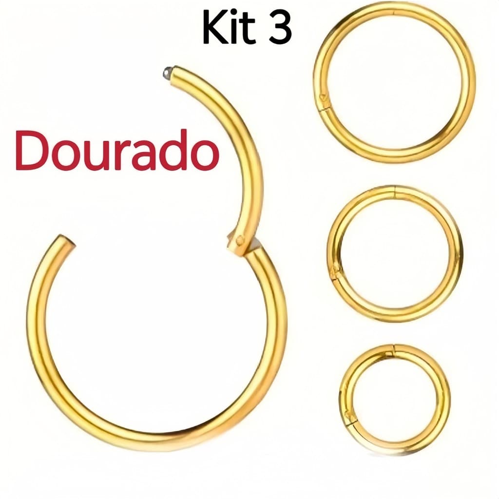Kit 3 Piercing Argola Cor Dourado Segmento Articulado Aço cirúrgico Nariz/helix
