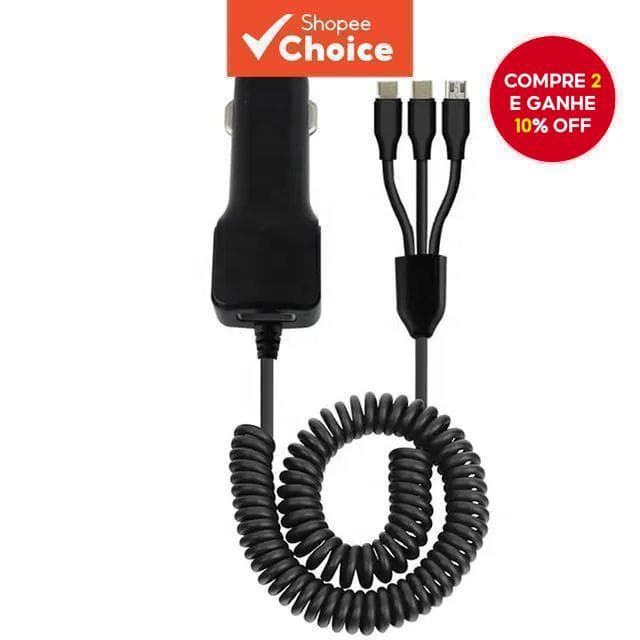 Carregador Rápido 3 em 1 USB para Carro com Cabos ISO/Type-C/Android Iphone/Samsung