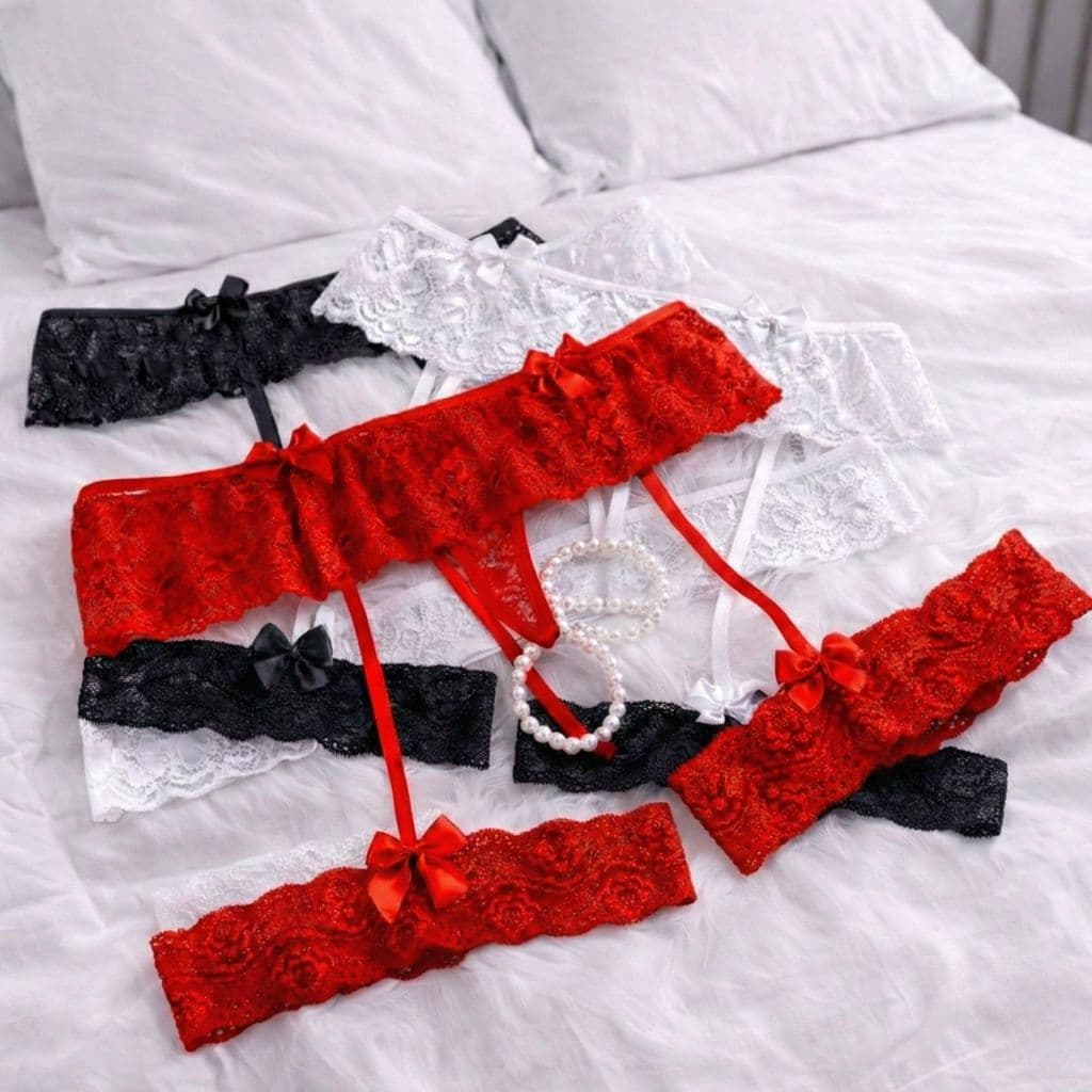 Kit Calcinha Tailandesa com Perneira Persex Cinta Liga Sexy Perólas Eróticas