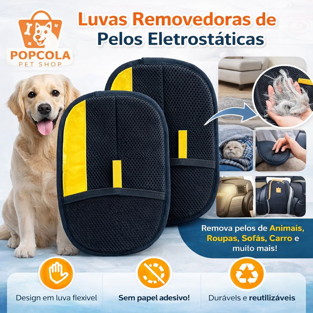 Luva Tira Pelos Pet Cães Gatos Remove Pelos Sofá Roupa Reutilizável Lavável Massagem