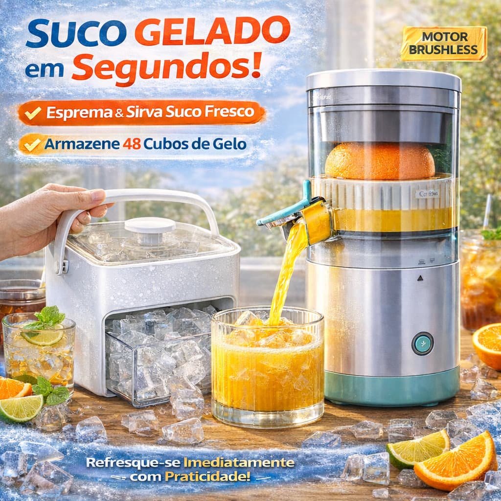 Kit Espremedor Elétrico + Forma de Gelo 48 Cubos com Caixa | Suco Gelado em Segundos