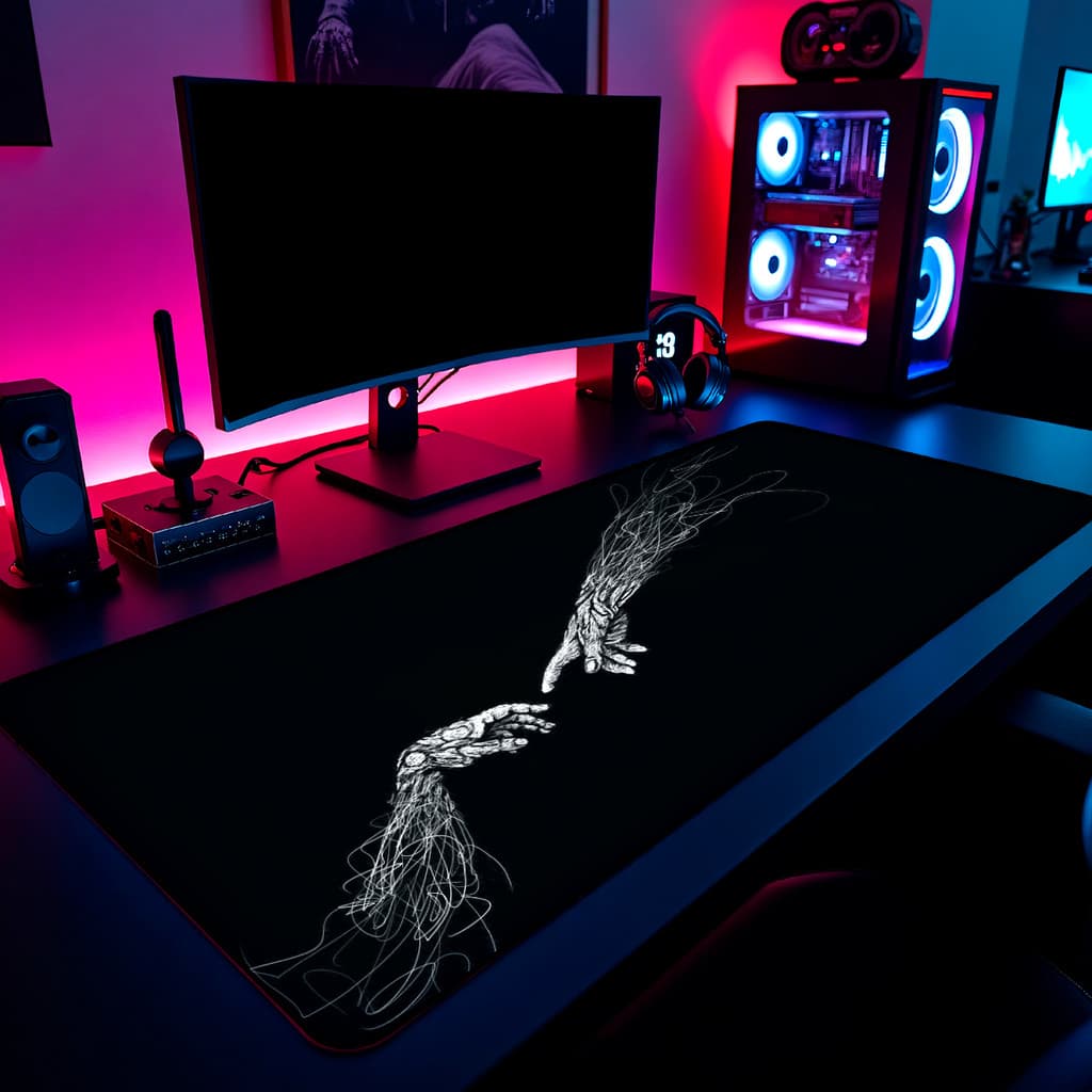 Mouse Pad Maos Obra De Arte Gamer 65x30cm / 80x40cm / 90x50cm / 120x60cm Borda Costurada