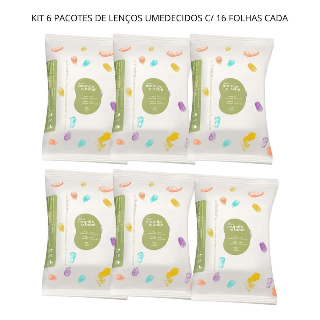 Kit Lenços Umedecidos Mamãe Bebê 6 Pacotes (16 Folhas Cada)