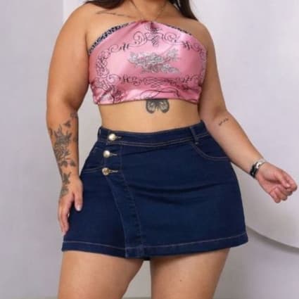 Shorts Saia Jeans Plus Size Feminino com Lycra Cintura Alta Modeladora