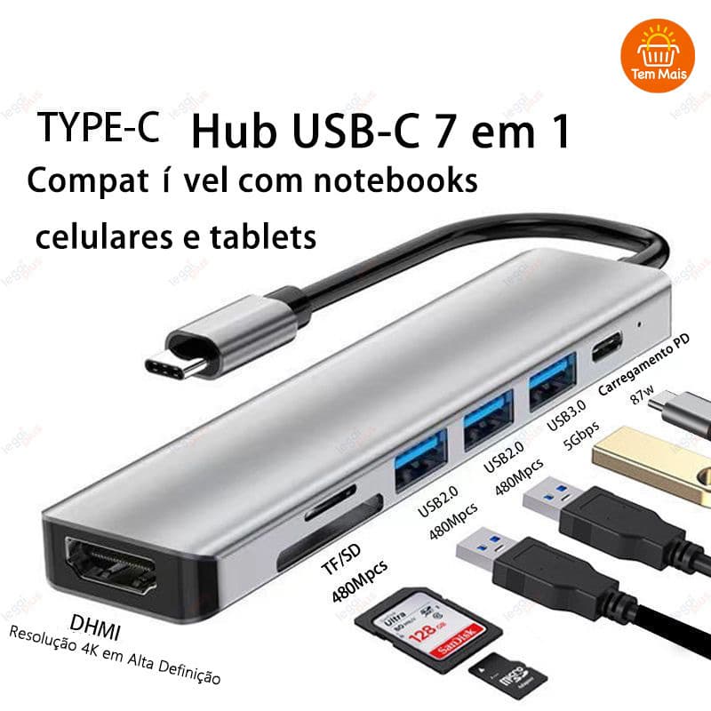 Dock USB-C 7 em 1: Transmissão 4K@30Hz, Entradas USB 3.0+2.0 e Slot para Cartão SD/TF