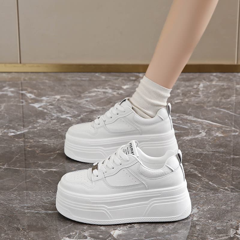 Tênis Plataforma Brancos Femininos |   Tênis Casual de Couro Cano Baixo, Tamanhos 34-40, Altura do Salto 6,5CM