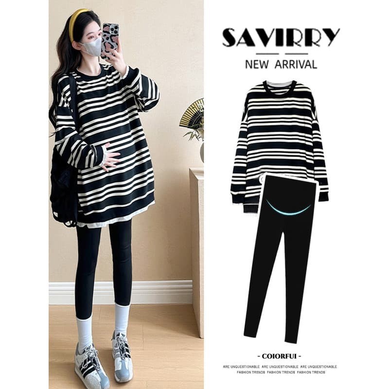 Roupa de maternidade primavera outono terno 2026 tamanho grande moda listrado topo tubarão calças usar inverno solto mol