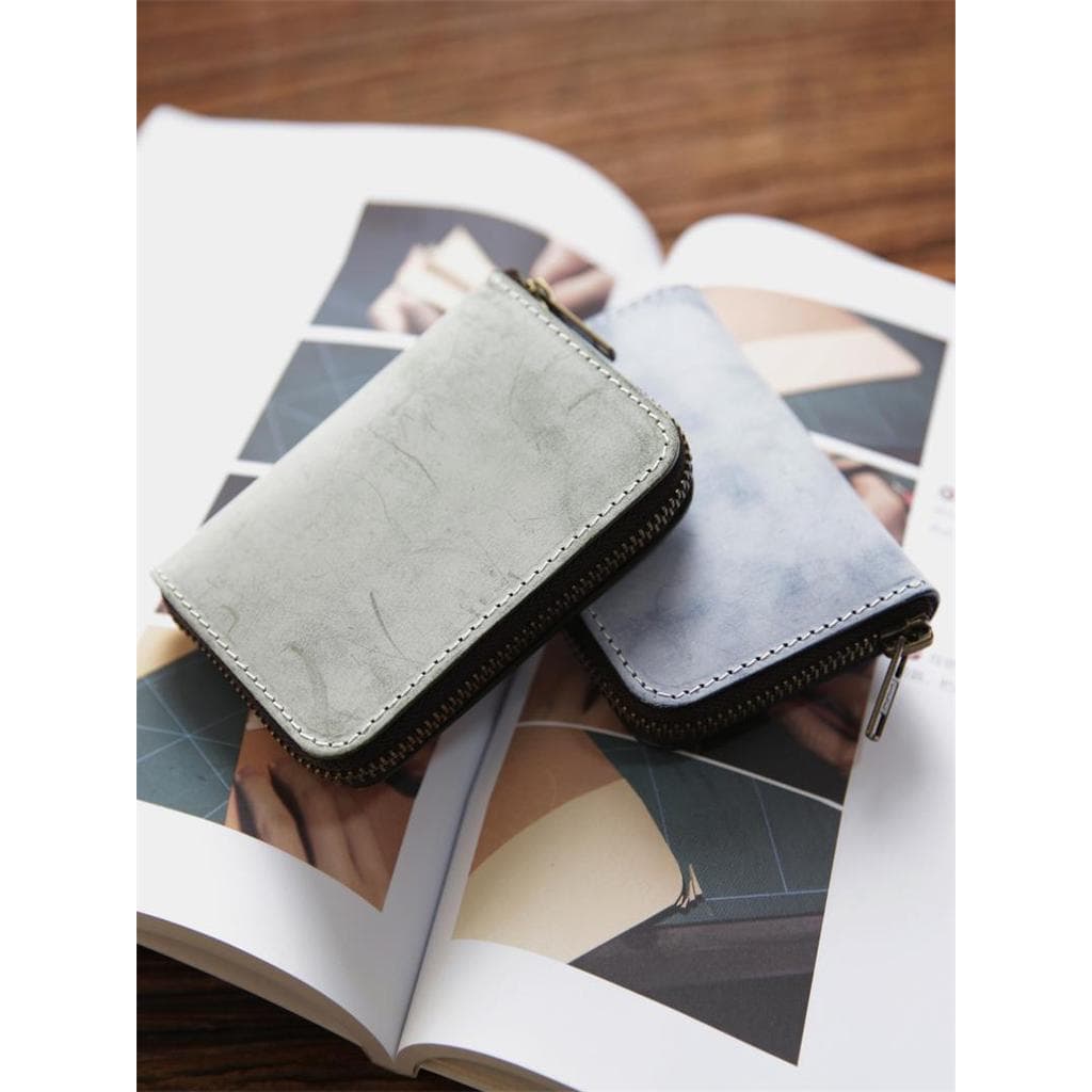 Feito à mão cera de nevoeiro vegetal curtido couro pequena carteira masculina primeira camada zíper curto moeda moeda bo