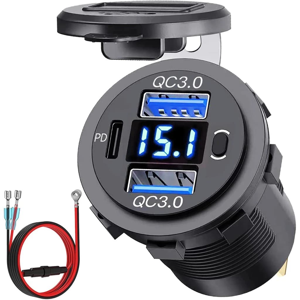 12V/24V Tomada USB Dupla QC3.0 Porta & PD Tipo-C De Carregador De Carro Com Voltímetro E Interruptor De Alimentação Para