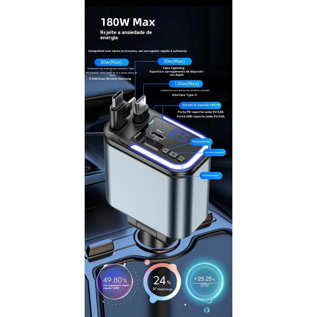 Com carregador de carro com luz ambiente multifuncional carro de carga rápida cinco em um