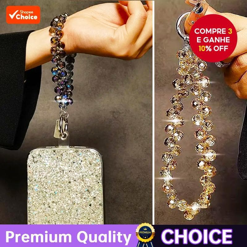 Pulseira De Telefone Brilhante Grânulo Celular Cordão Corrente Chaveiro Para Mulher Ouro 1PC