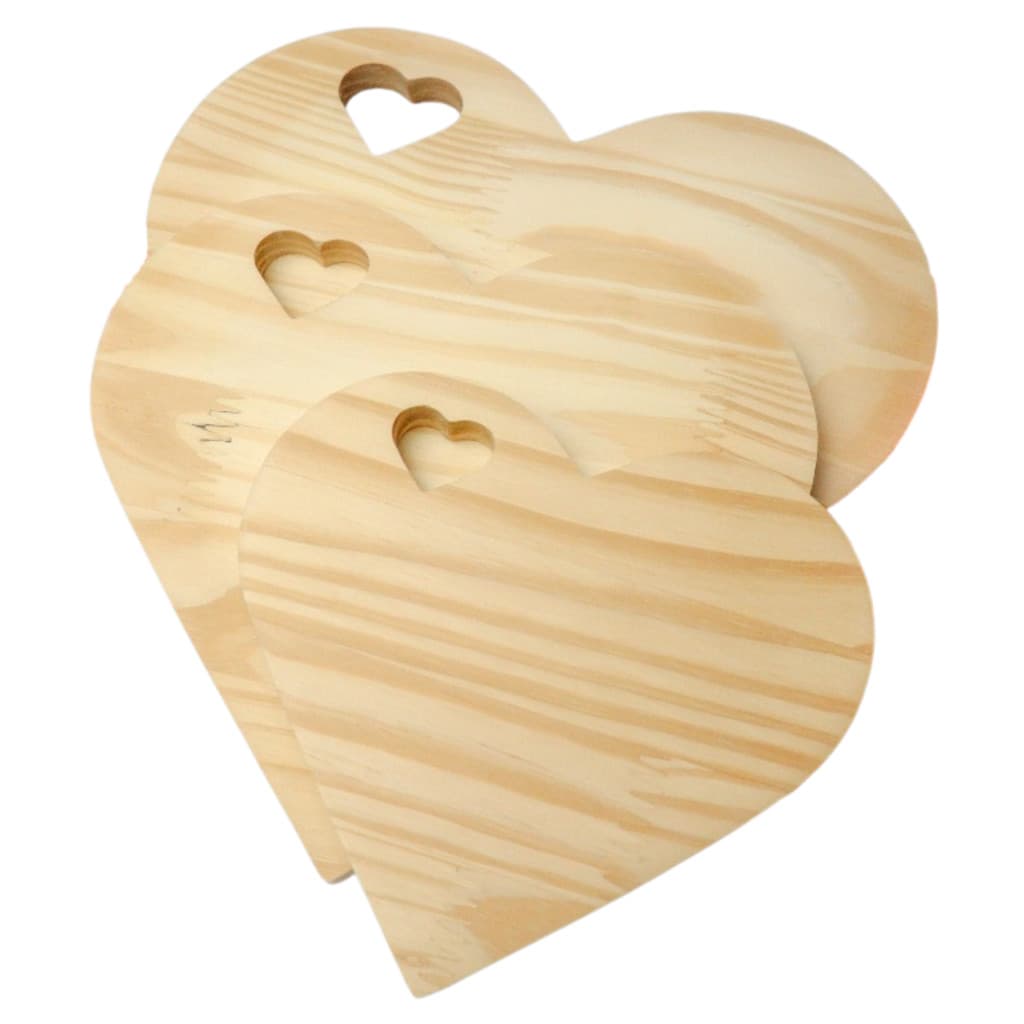 Trio de Tábua Coração Vazado Tábuas Madeira Pinus Petisco Mesa Posta
