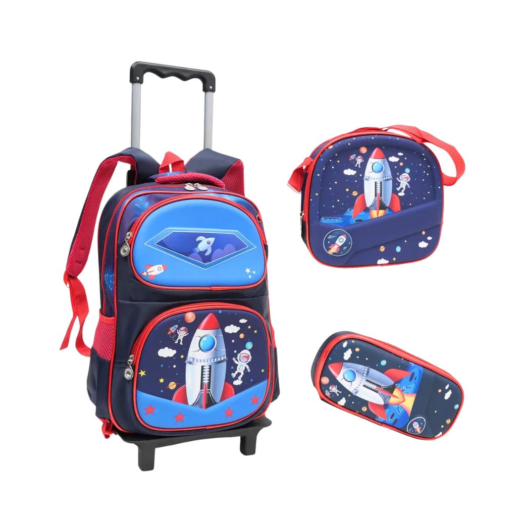Mochila Rodinha Foguete Escolar Com Carrinho Removível Vermelho Foguete - Kit 3 EM1