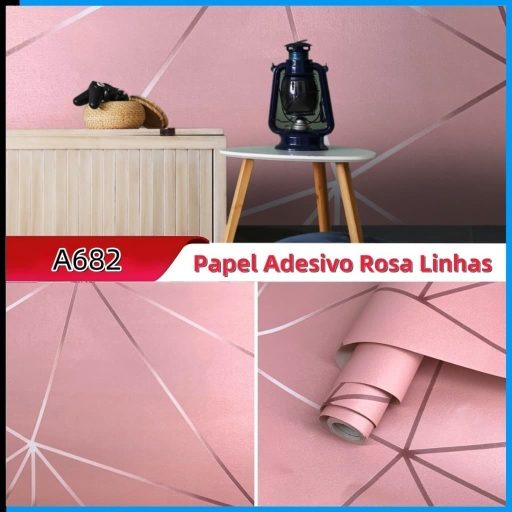 Adesivo Premium de Parede 5Metros x 45cm Lavável Zara Rosa Rose Gold linhas amareladas Quarto Sala Autocolante