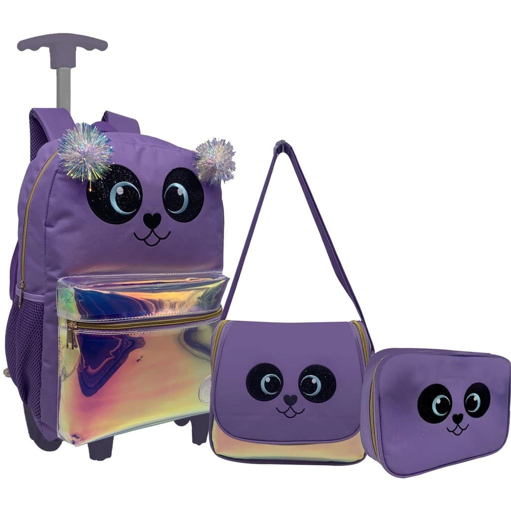 Kit Mochila Escolar Trolley Rodinha Panda Juvenil Infantil