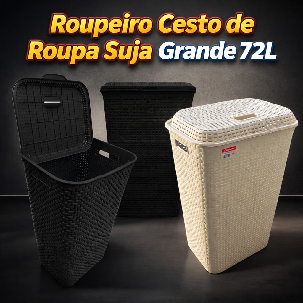 Roupeiro Cesto de Roupa Suja Grande 72L Rattan Organizador para Lavanderia Banheiro Casa Multiuso Família