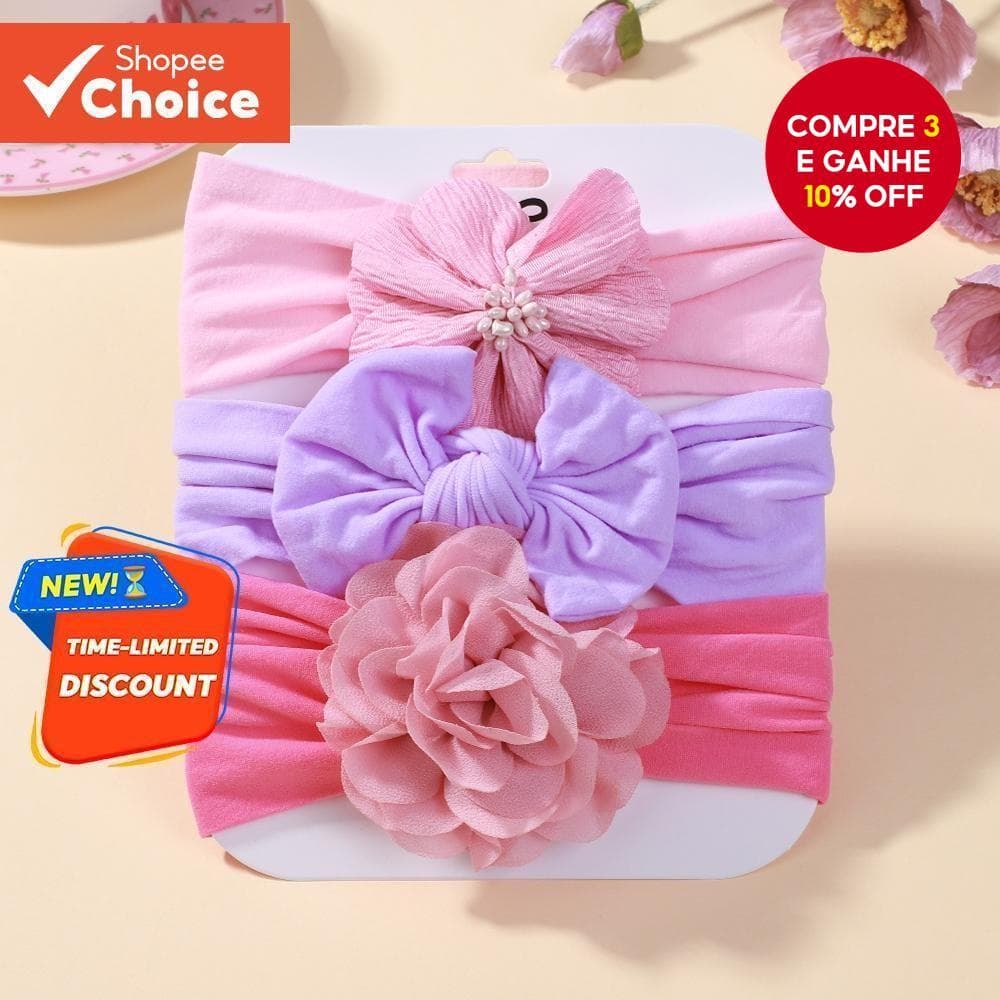 Conjunto De Faixa De Cabeça Floral Para Bebês Meninas-3 Peças De Algodão Com Laço Turbante Acessórios Cabelo Recém-Nasci