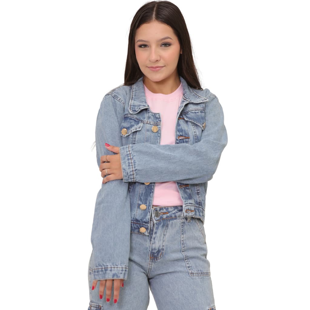 Jaqueta jeans marmorizada modinha 100% algodão roupa de menina 4 ao 16