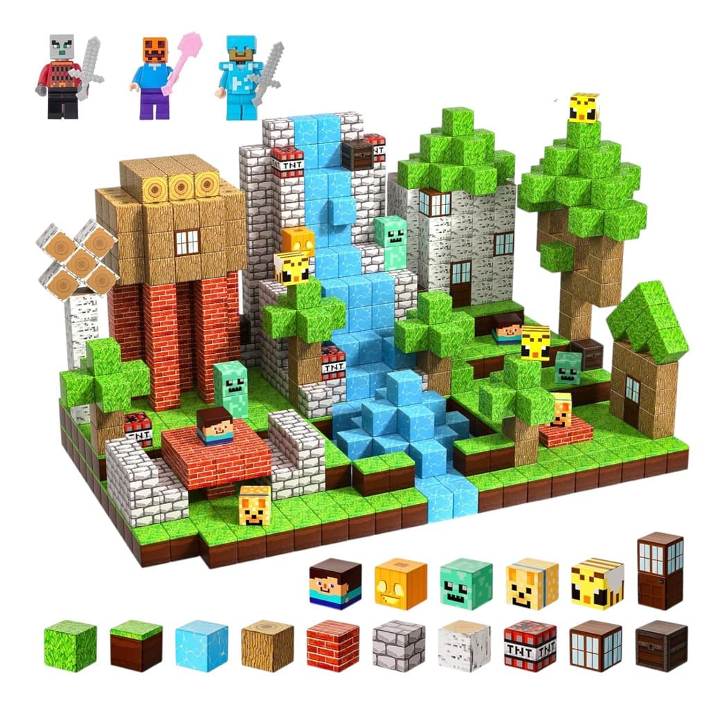 Kit 100 Cubos Construção Magnético Blocos Estilo Mine World + 3 Bonecos