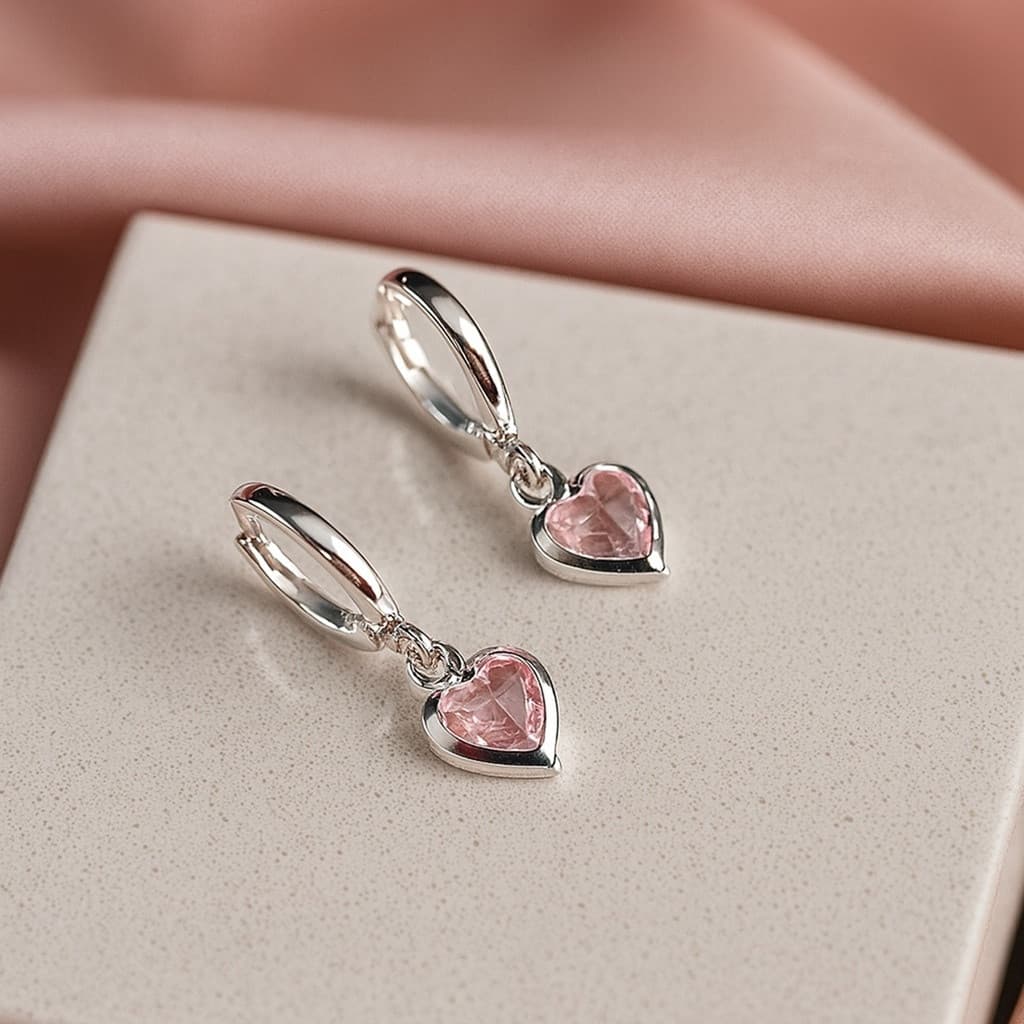 Brinco Infantil Argola Click Berloque Coração Pedra Rosa Banhada A Prata 925