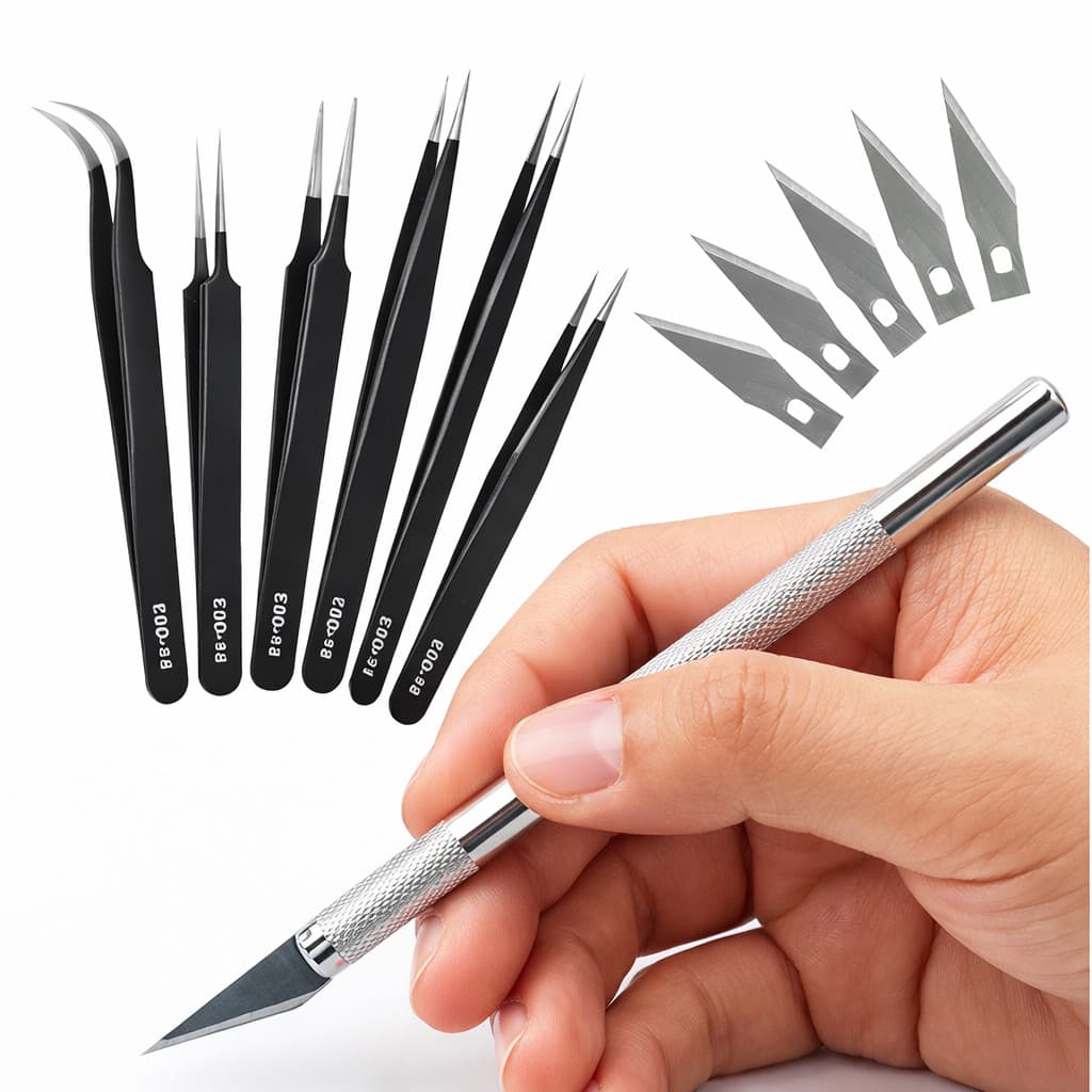 Kit Estilete De Precisão Bisturi Para Corte 5 Laminas + 6 Pinças Artesanato Arte Profissional