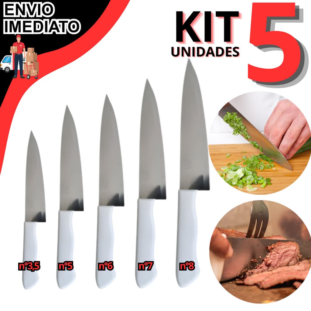 Kit 5 Faca Peixeira Em Inox Cabo Branco N°3,5 5 6 7 e 8 Para Legumes Carnes Frutas Vegetais Cozinha Utensílio Inox