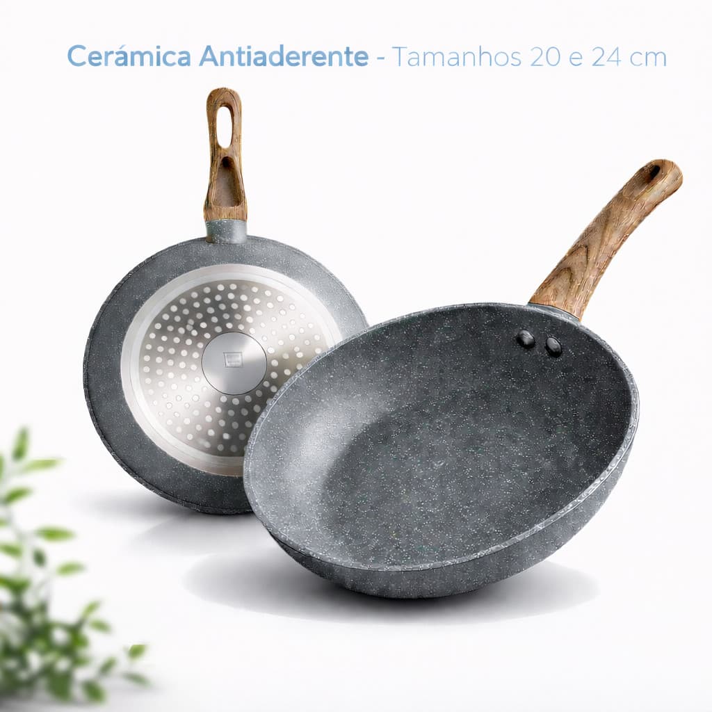 Frigideira Indução Revestimento Nano Cerâmico Antiaderente Não Gruda Frita Sem Óleo 20cm ou 24cm
