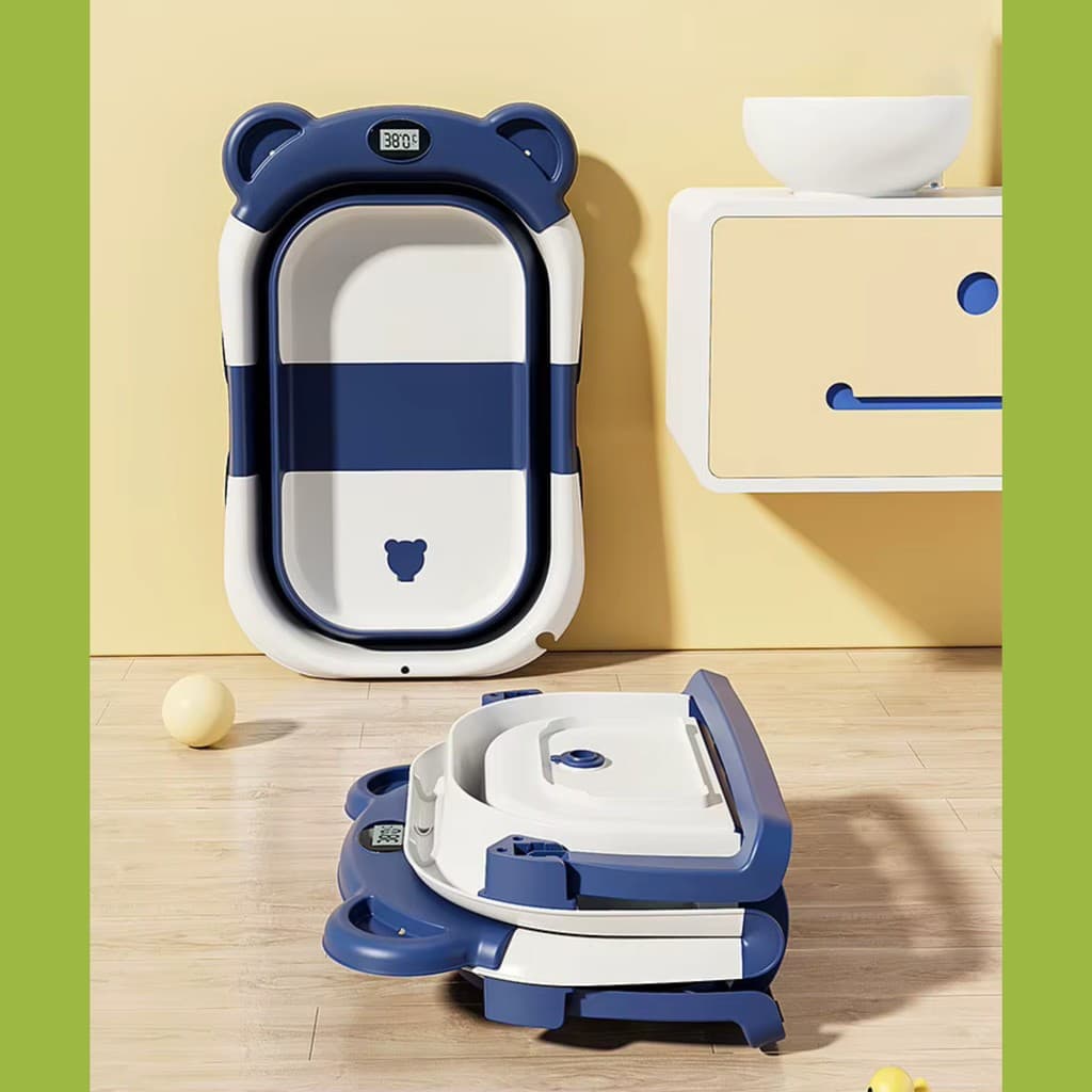 Banheira Dobrável Bebê Ursinho Termômetro LCD Retrátil Digital Portátil Compacta Viagem E019-014