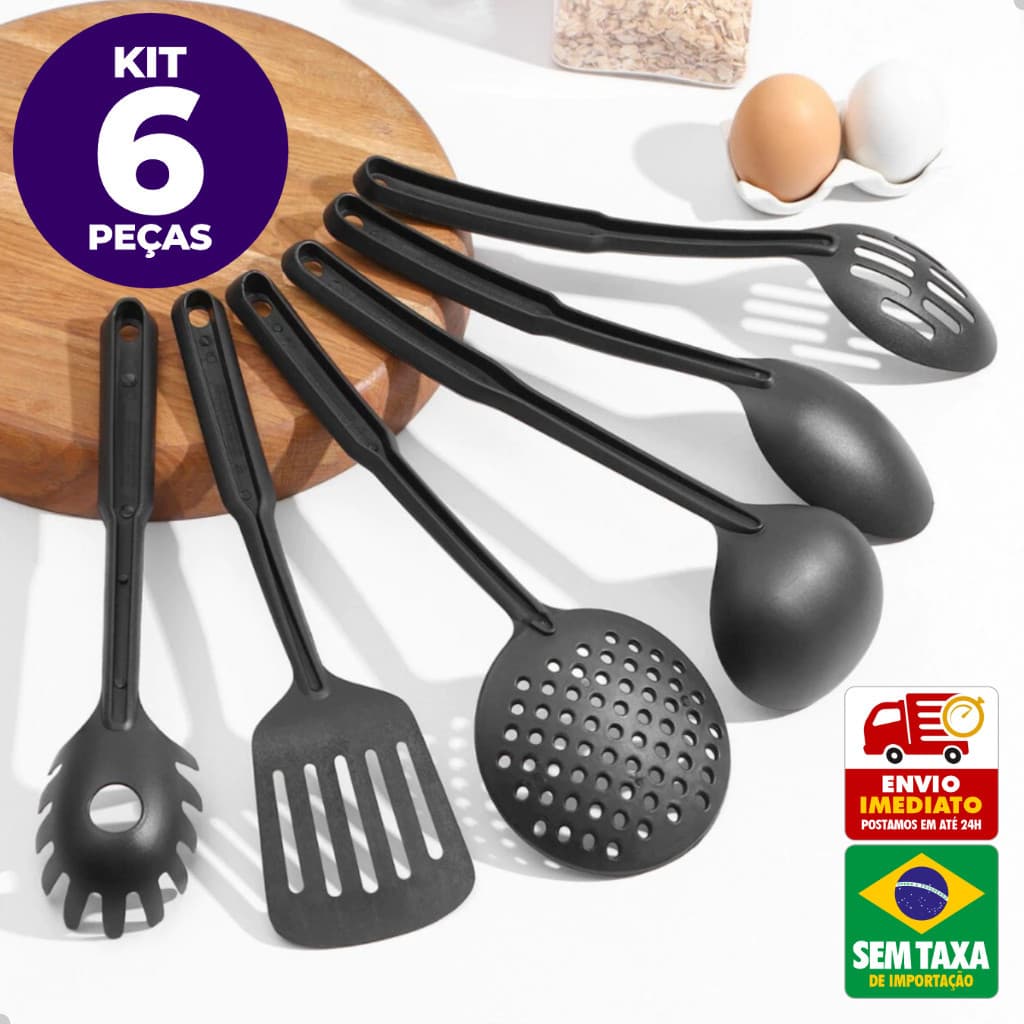 Kit 6 Utensílios de Cozinha Talheres Nylon Preto Resistentes Colher Concha Espátula