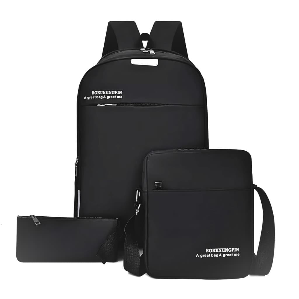 Kit Mochila Masculina Notebook 15.6 + Bolsa Transversal + Estojo 3 Peças Reforçada Impermeável Preta