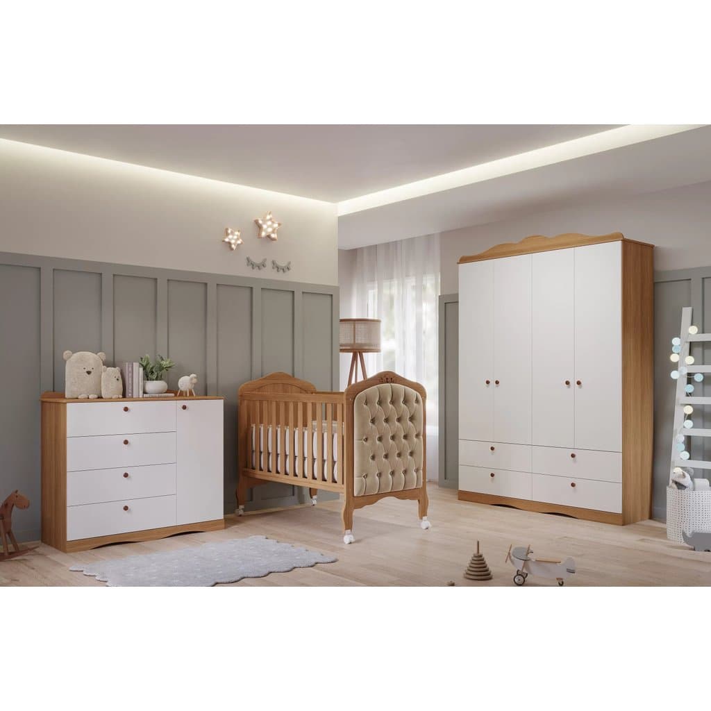 Quarto de Bebê 3 Peças com Berço Capitonê Cômoda 4 Gavetas e Guarda Roupa 4 Portas 4 Gavetas Aquarel Nature/Branco