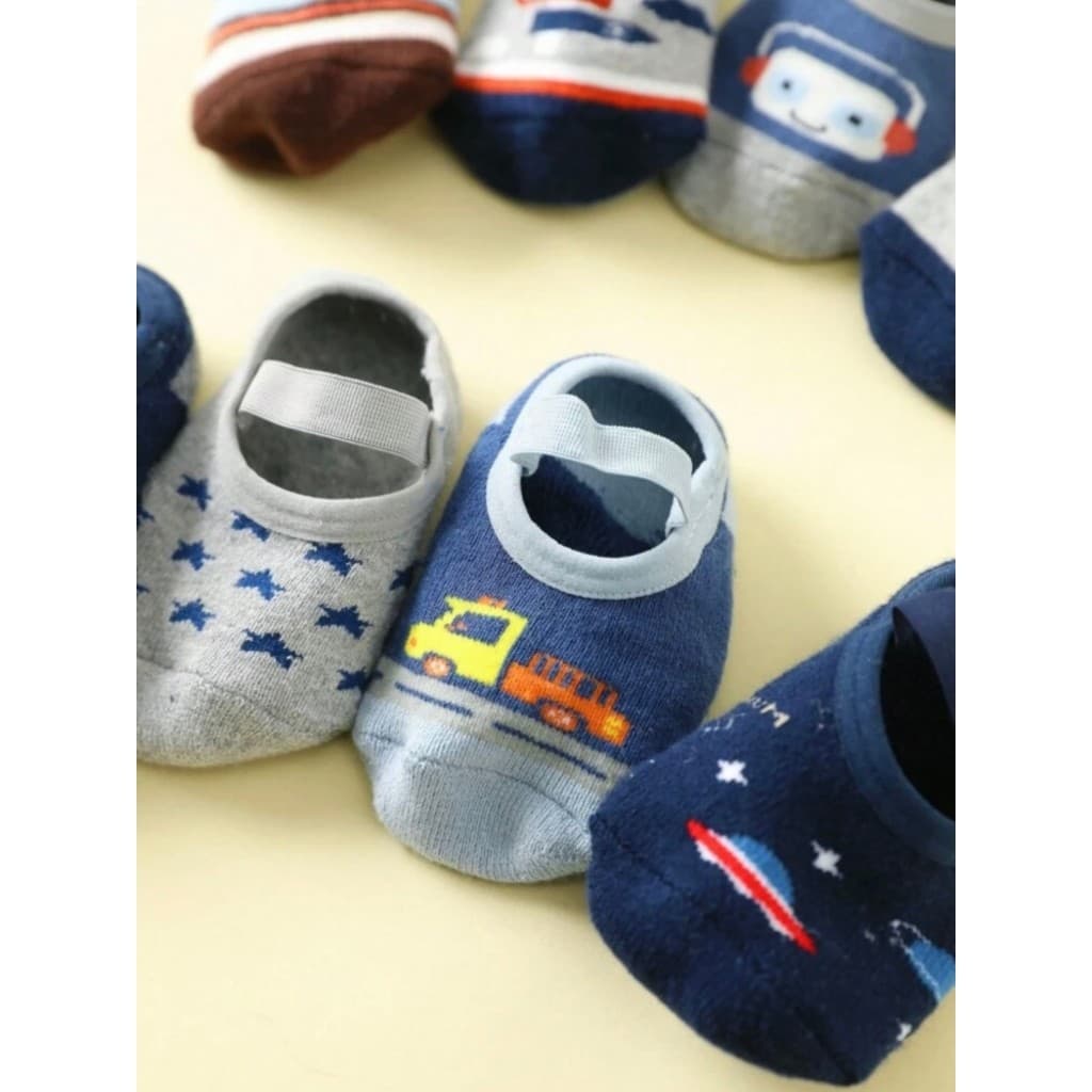 kit 6 Meia Sapatilha Antiderrapante Infantil e Bebê em Algodão Menino Estampas Varidas 0-6 ANOS