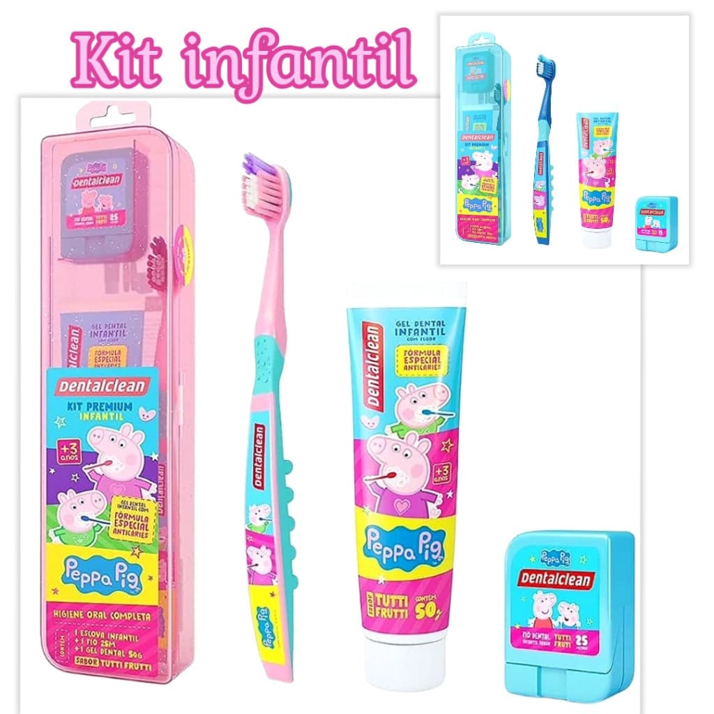 Kit infantil Escova de dente + Gel dental 50g + Fio dental 25m Peppa Pig - Dentalclean