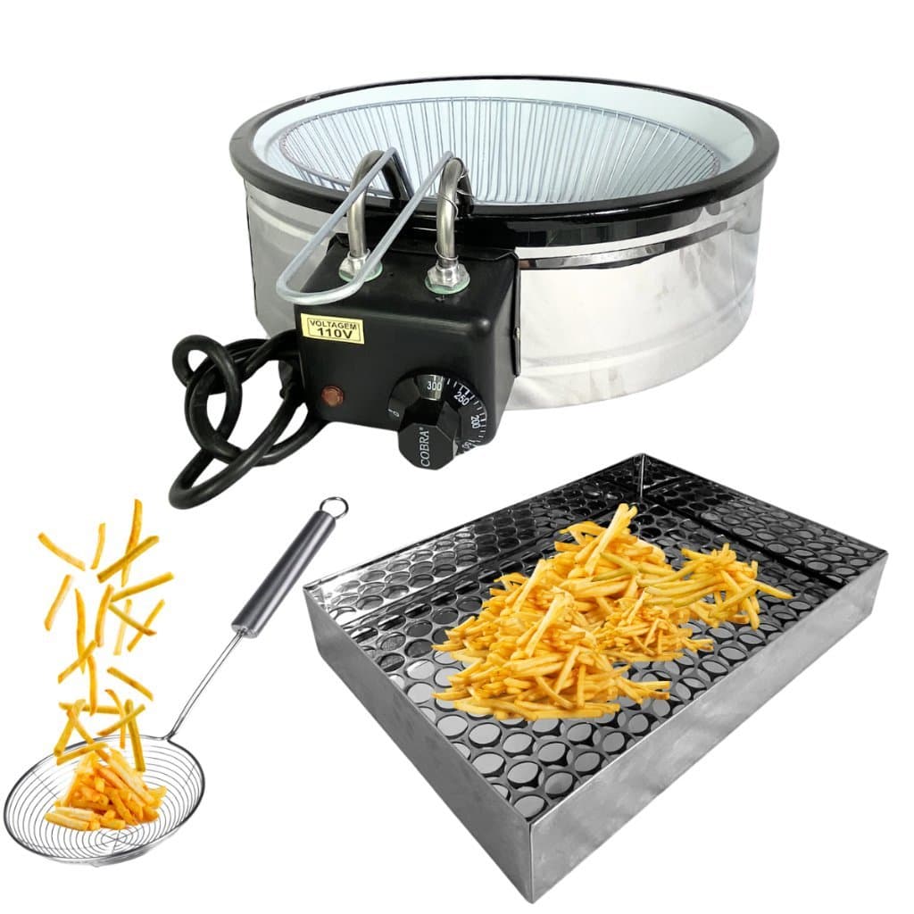 Kit Fritadeira Tacho Elétrico  Esmaltada com Escorredor de Batata e Escumadeira Pastel Pastelaria 110V